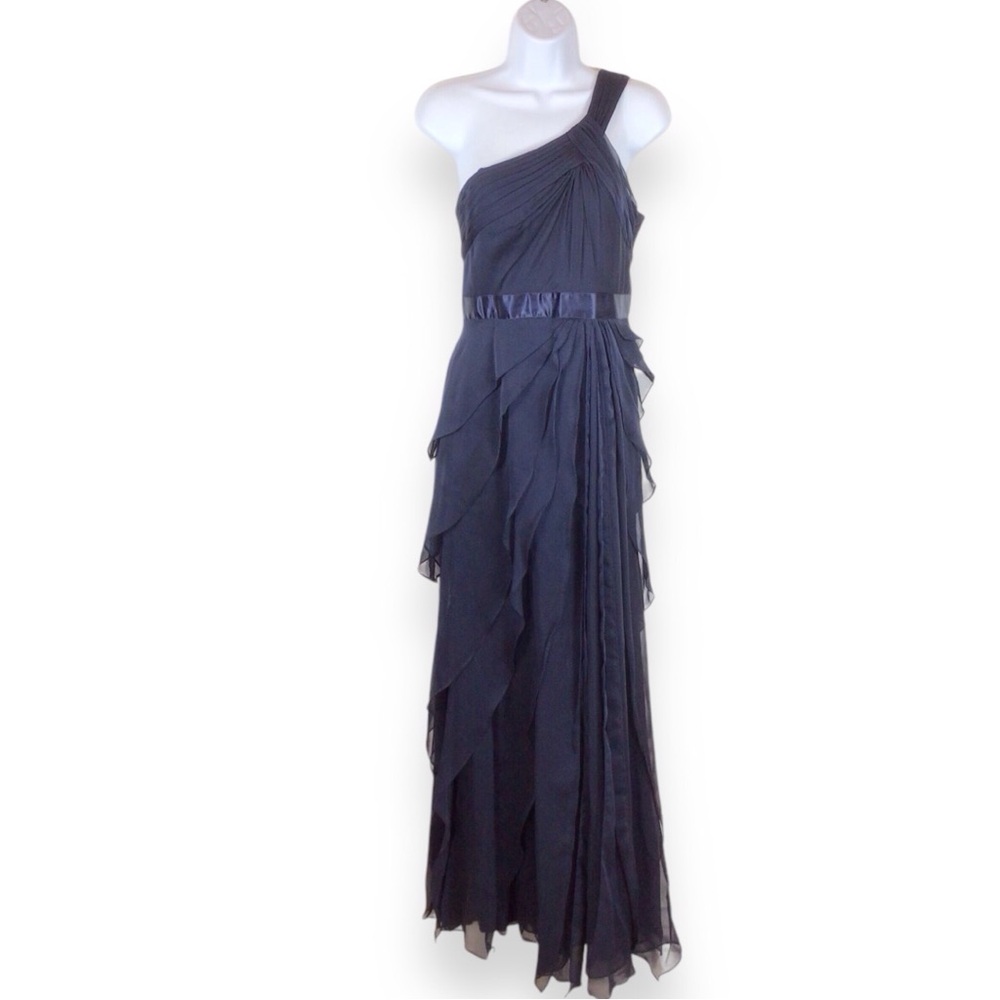 ADRIANNA PAPELL Navy Chiffon Draped One Shoulder Flutter Maxi Formal Dress sz 2